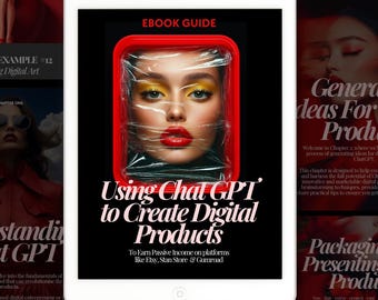 May include: A tablet displays an ebook guide titled "Using Chat GPT to Create Digital Products." The cover features a woman's face wrapped in plastic, with text promoting passive income on platforms like Etsy. The ebook is about digital art.