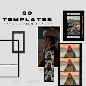 May include: 30 analog film frame templates for digital editing. The templates feature a variety of images, including a woman in a white bikini, a cityscape, and a woman wearing a green sweatshirt with a rainbow graphic.