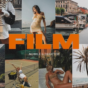 May include: A collage of images featuring a variety of scenes, including a woman in a yellow dress standing on a beach, a tennis court, a boat docked in a harbor, and a palm tree on a beach. The word "FILM" is written in large orange letters across the center of the collage. The text "MOBILE & DESKTOP" is written below the word "FILM".