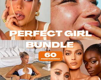 Puede incluir: Un collage de imágenes con mujeres de diferentes tonos de piel y looks de maquillaje. El texto "PERFECT GIRL BUNDLE 60 PRESETS BUNDLE" se muestra en naranja y blanco.