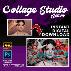Azione Photoshop per Collage Studio, Effetto ritaglio di carta, Preset Photoshop per stile scrapbooking, Effetto carta, Strumento per tecniche miste digitali, 2025