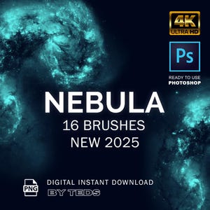 May include: Digital graphic design product featuring a nebula design. The image includes the word "NEBULA" in large white text, along with "16 BRUSHES NEW 2025". It also states "DIGITAL INSTANT DOWNLOAD" and "READY TO USE PHOTOSHOP". The image is labeled "4K ULTRA HD" and "PNG".