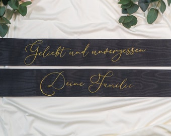 Zwei personalisierte schwarze moderne Trauerbänder im Gold-, Silber-, Bronze- oder Roségold-Design - Erinnerungen in stilvollem Design