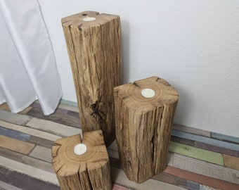 3 handmade tea light holders made from sustainable oak beams - decorative column candle holders - rustic stele made from upcycled old oak beams