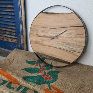 Wooden wall clock as a unique gift. Natural apple wood framed in a wine barrel ring with a quiet quartz clockwork. image 8