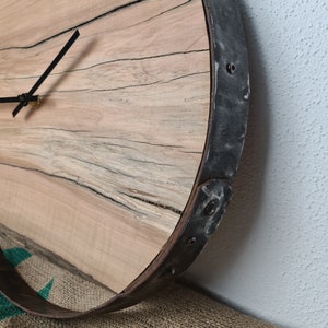 Wooden wall clock as a unique gift. Natural apple wood framed in a wine barrel ring with a quiet quartz clockwork. image 5