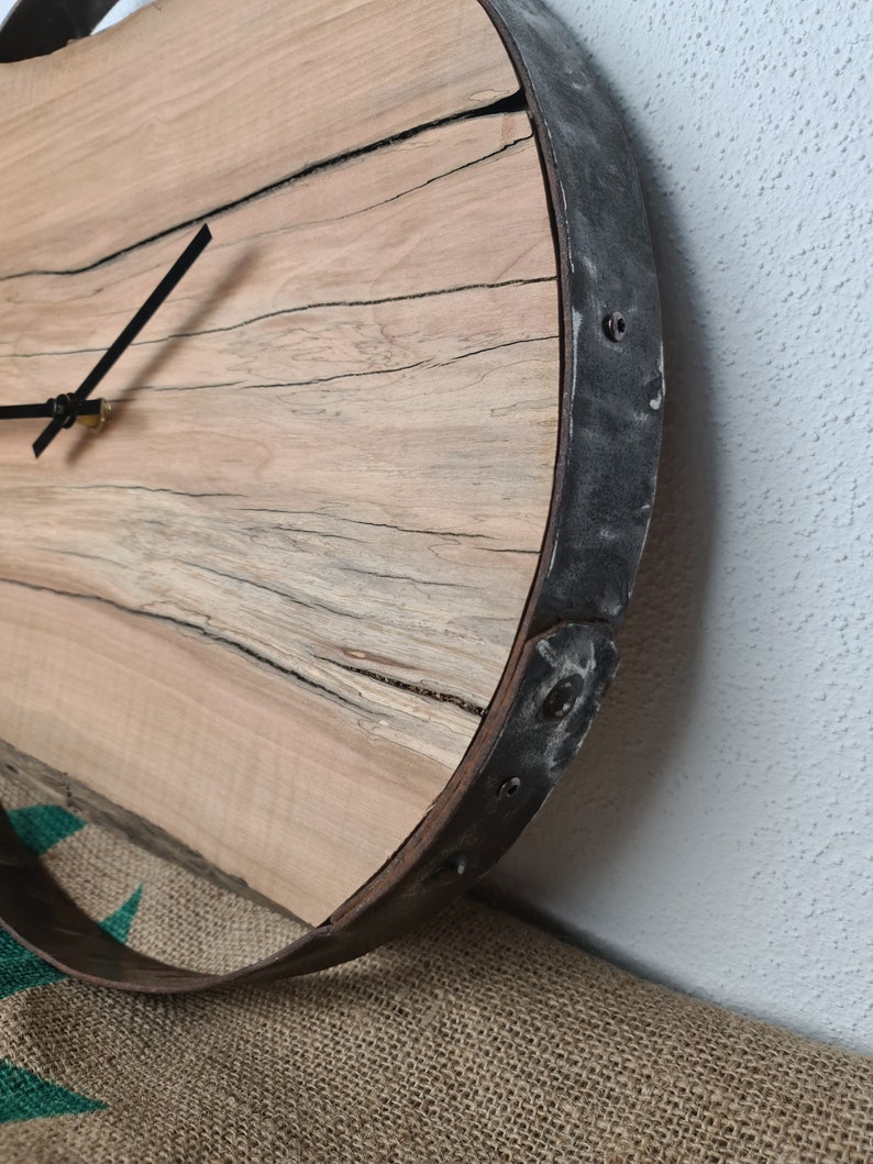 Wooden wall clock as a unique gift. Natural apple wood framed in a wine barrel ring with a quiet quartz clockwork. image 5