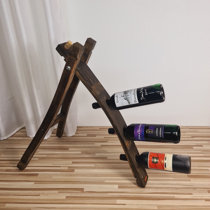 Wine bottle rack, wine rack, wine bottle holder, bottle holder made of old wood, barrel staves from the wine barrel for 3 wine bottles as decoration image 1