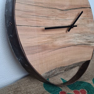 Wooden wall clock as a unique gift. Natural apple wood framed in a wine barrel ring with a quiet quartz clockwork. image 6