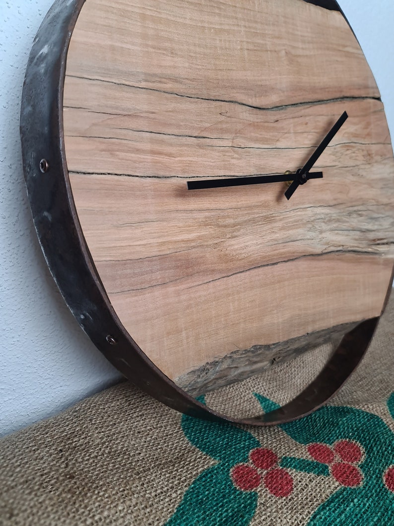 Wooden wall clock as a unique gift. Natural apple wood framed in a wine barrel ring with a quiet quartz clockwork. image 6
