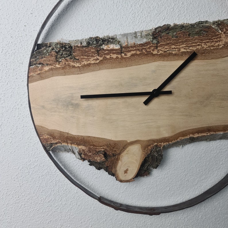 Design wall clock made of birch wood as a unique gift. Modern and rustic at the same time. Encased in a wine barrel ring with a quartz clockwork. image 7