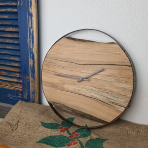 Wooden wall clock as a unique gift. Natural apple wood framed in a wine barrel ring with a quiet quartz clockwork. image 7