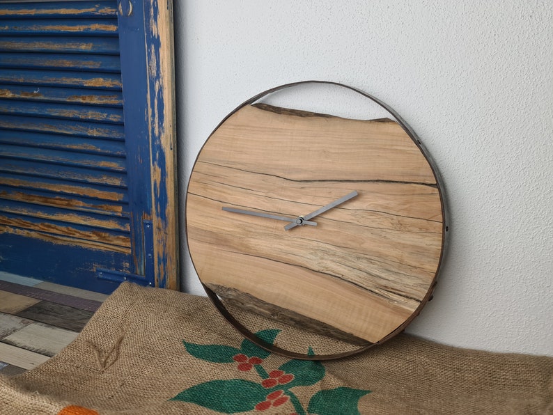 Wooden wall clock as a unique gift. Natural apple wood framed in a wine barrel ring with a quiet quartz clockwork. image 7