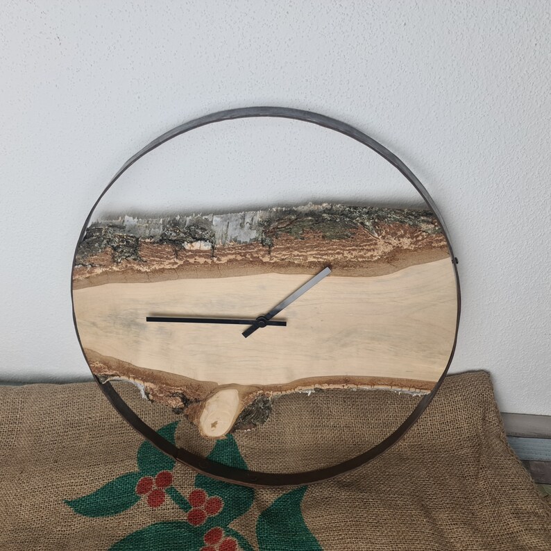 Design wall clock made of birch wood as a unique gift. Modern and rustic at the same time. Encased in a wine barrel ring with a quartz clockwork. image 5