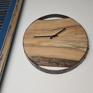 Wooden wall clock as a unique gift. Natural apple wood framed in a wine barrel ring with a quiet quartz clockwork. image 4