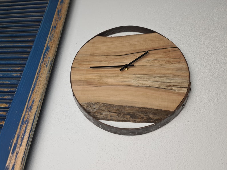 Wooden wall clock as a unique gift. Natural apple wood framed in a wine barrel ring with a quiet quartz clockwork. image 4