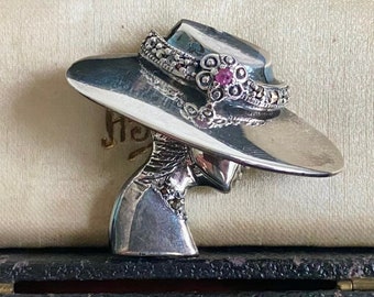Vintage Sterling Silver Brooch, Lady in a Hat, Marcasite stones