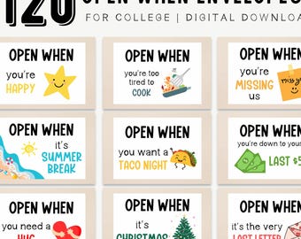 Open When Envelopes, College Care Package, Printable Open When Cards & Letter, Going Away College Student Gift, College Survival Kit Labels