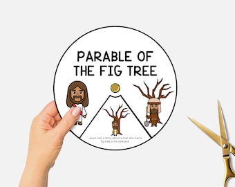 Parábola de la higuera, Rueda para colorear bíblica de parábolas de Jesús imprimible, Manualidad para la escuela dominical, Estudio bíblico para niños, Rueca de historias bíblicas
