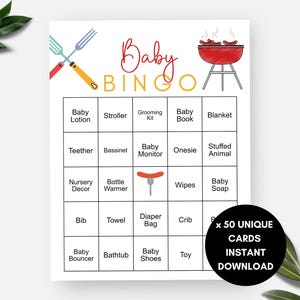 Baby Q babyshowerbingo, 50 barbecue-/kookbingokaarten, barbecue-achtertuin voorgevulde babybingo, zomer babyshowerfeest, babyque-spellen