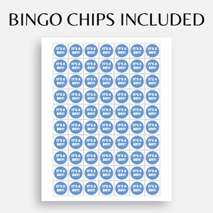 May include: A sheet of 49 blue bingo chips with the text "It's a Boy!" printed in white on each chip.