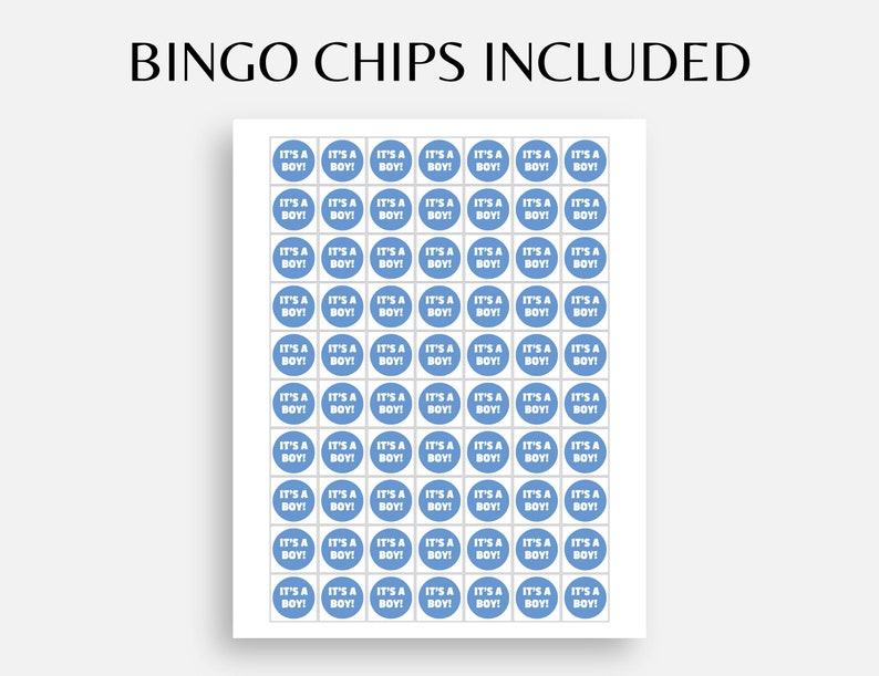 May include: A sheet of 49 blue bingo chips with the text "It's a Boy!" printed in white on each chip.