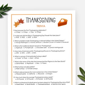 Thanksgiving Trivia, Printable Friendsgiving Trivia Game, Trivia Questions for Kids and Adults, Turkey Day Group Activity, Turkey Trivia