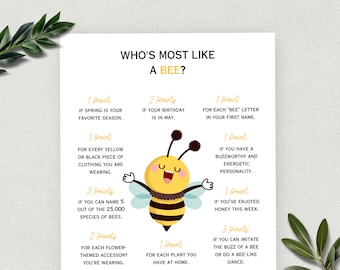 Who is Most Like a Bee, Fun Printable Party Game for Kids and Adults, Bee Theme Birthday, Shower, Classroom Activity, Icebreaker, Bee Day