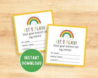 Tarjetas de invitación para jugar con temática de arcoíris, tarjetas de presentación infantiles adorables, tarjetas de visita para niños con el lema "¡A jugar!", tarjeta de contacto para invitación a jugar con amigos, descarga digital.