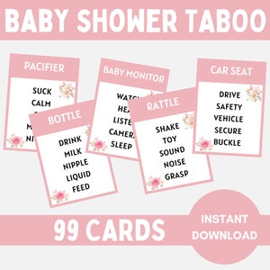 Taboespel babyshower, verboden woorden, roze babyshowerfeestspel, geslacht onthullen, bloemen babystrooisel groepsactiviteit, 99 taboekaarten