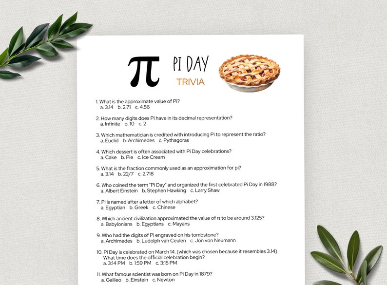Pi Day Trivia, Pi Day Game, Fun Pi Day Activity for Kids and Adults, Pi