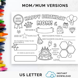 Alles Gute zum Geburtstag Mama Malseite, Alles über meine Mama Füllen Sie die Lücken aus, bedruckbares Tischset für Kinder, Sentimentale Geschenke für Mama
