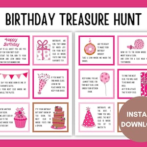 K&ouml;nnte beinhalten: Rosa und wei&szlig;e druckbare Geburtstagsschnitzeljagd-Spielkarten mit Anweisungen f&uuml;r eine Geburtstagsparty. Die Karten zeigen Illustrationen von einem Geburtstagskuchen, einem Donut, einem Geschenk, einer Zahnb&uuml;rste, einem Ballon und einem Cupcake.