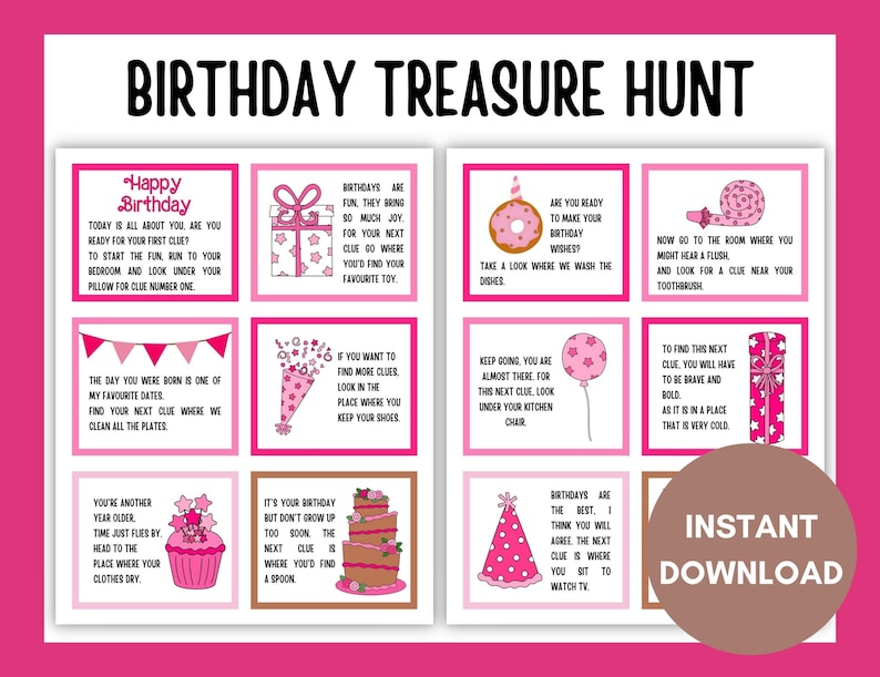 K&ouml;nnte beinhalten: Rosa und wei&szlig;e druckbare Geburtstagsschnitzeljagd-Spielkarten mit Anweisungen f&uuml;r eine Geburtstagsparty. Die Karten zeigen Illustrationen von einem Geburtstagskuchen, einem Donut, einem Geschenk, einer Zahnb&uuml;rste, einem Ballon und einem Cupcake.