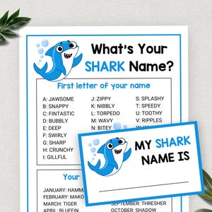 Whats Your Shark Name, Sign & Tags, Shark Week Games, Ocean Birthday Party Game, Summer Baby Shower, Fun Classroom Activities, Shark Theme