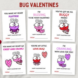 Bug Valentine, cartões de dia dos namorados para impressão em sala de aula, etiquetas de presente para estudantes, cartões de dia dos namorados para crianças na escola, cartões de dia dos namorados para crianças em idade pré-escolar