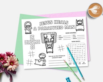 Jesus Heals a Paralyzed Man, Miracles of Jesus, Printable Bible Story Placemat, Sunday School, Christian Homeschool, Kids Activity Sheet