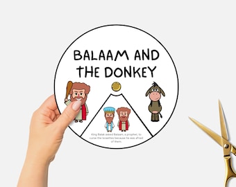 Könnte beinhalten: Eine druckbare Bastelvorlage für Kinder mit einem Kreis, auf dem der Text "Balaam und der Esel" steht, sowie Illustrationen von Balaam, dem Esel und zwei Männern.