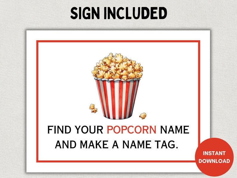 Whats Your Popcorn Name, Name Sign & Tags, Birthday Party Game