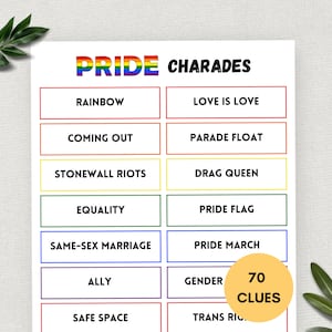 May include: A printable Pride Charades game with 70 clues. The game includes terms like "Rainbow", "Love is Love", "Coming Out", "Parade Float", "Stonewall Riots", "Drag Queen", "Equality", "Pride Flag", "Same-Sex Marriage", "Pride March", "Ally", "Gender", "Safe Space", and "Trans Rights".