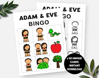 Adam and Eve, 30 Bible Story Bingo Cards, Printable Sunday School Activity for Kids, Christian VBS Game, Religious Bible Study Group Game