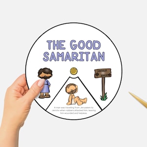 The Good Samaritan, Printable Bible Coloring Wheel, Sunday School Craft, Kids Bible Study, Bible Story Spinning Wheel, Christian Homeschool
