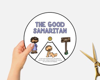 The Good Samaritan, Printable Bible Coloring Wheel, Sunday School Craft, Kids Bible Study, Bible Story Spinning Wheel, Christian Homeschool