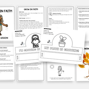 May include: A collection of printable Bible lesson materials with the theme "Grow in Faith." Includes coloring pages, worksheets, and a booklet. The materials feature illustrations of Jesus, plants, and a tree with leaves. The text includes "Grow in Faith" and "Bible Lesson."