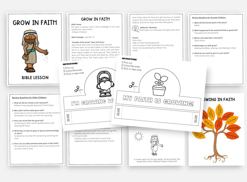 May include: A collection of printable Bible lesson materials with the theme "Grow in Faith." Includes coloring pages, worksheets, and a booklet. The materials feature illustrations of Jesus, plants, and a tree with leaves. The text includes "Grow in Faith" and "Bible Lesson."