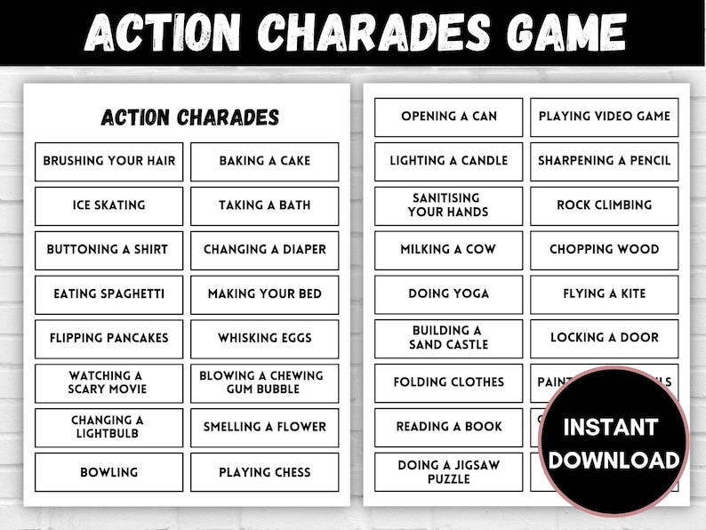 Printable Charades Game 70 Fun Words and Actions Charades Charades Printable Charades Game 70 Fun Words and Actions Charades Charades