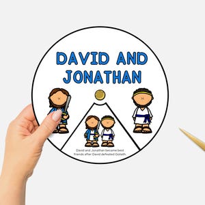 David y Jonatán, Rueda para colorear bíblica imprimible, Manualidad para la escuela dominical, Estudio bíblico para niños, Rueda para hilar historias bíblicas, Educación cristiana en casa