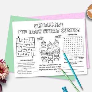 Day of Pentecost, Printable Holy Spirit Bible Lesson Activity Placemat, Sunday School Coloring Worksheet, Pentecost Kids Bible Study, VBS