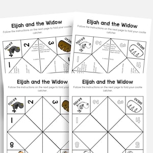 Puede incluir: Dos hojas impresas con el t&iacute;tulo "El&iacute;as y la viuda" e instrucciones para un cazador de cooties. El dise&ntilde;o incluye un cuervo, pan y secciones numeradas. El texto es negro sobre fondo blanco.