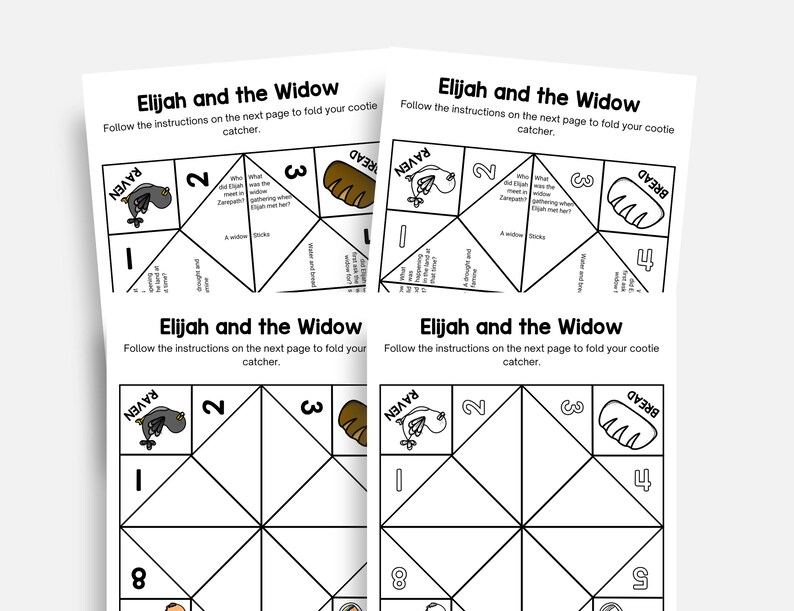 Puede incluir: Dos hojas impresas con el t&iacute;tulo "El&iacute;as y la viuda" e instrucciones para un cazador de cooties. El dise&ntilde;o incluye un cuervo, pan y secciones numeradas. El texto es negro sobre fondo blanco.
